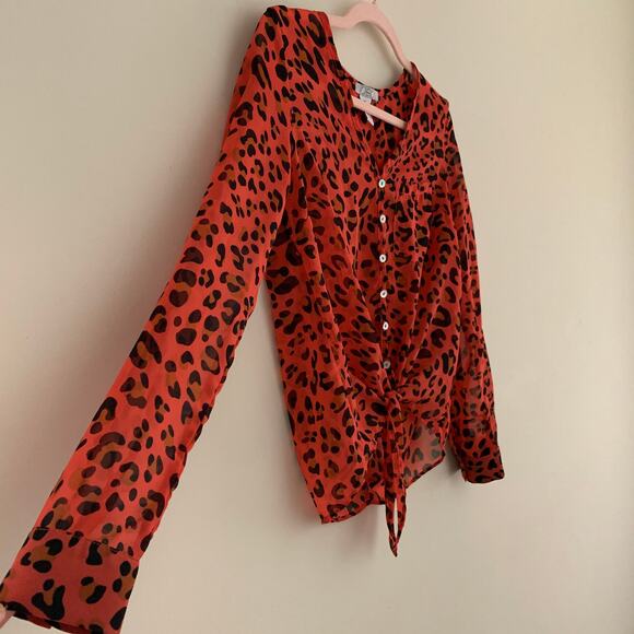 DEB Sheer Pink Leopard Red Button Down High Low Blouse XS - Picture 6 of 12